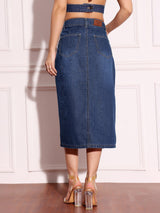 Women's Blue High-Rise Denim Midi Skirt