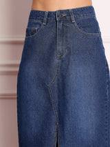 Women's Blue High-Rise Denim Midi Skirt