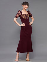 Women's Red Square Puff Sleeve Solid Lace Overlaid Ankle Dress
