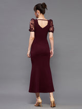 Women's Red Square Puff Sleeve Solid Lace Overlaid Ankle Dress