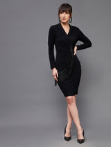 Women's Black Solid Collared Neck Full Sleeve Polyester Bodycon Knee Dress