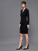 Women's Black Solid Collared Neck Full Sleeve Polyester Bodycon Knee Dress