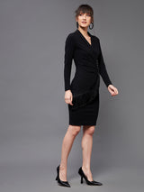 Women's Black Solid Collared Neck Full Sleeve Polyester Bodycon Knee Dress