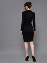 Women's Black Solid Collared Neck Full Sleeve Polyester Bodycon Knee Dress