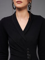 Women's Black Solid Collared Neck Full Sleeve Polyester Bodycon Knee Dress