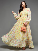 Women's Multicolor Bishop Sleeve Floral Gathered Chiffon Maxi Dress