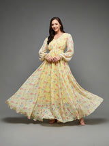 Women's Multicolor Bishop Sleeve Floral Gathered Chiffon Maxi Dress
