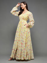 Women's Multicolor Bishop Sleeve Floral Gathered Chiffon Maxi Dress