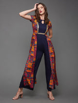 Women's Multicolor Navy Blue Keyhole Neck Regular Sleeve Regular Jumpsuit