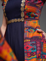 Women's Multicolor Navy Blue Keyhole Neck Regular Sleeve Regular Jumpsuit