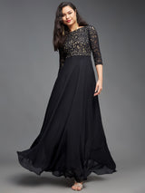 Women's Black Self Design Boat Neck Side Pocketed Georgette Fit and Flare Maxi Dress
