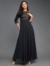 Women's Black Self Design Boat Neck Side Pocketed Georgette Fit and Flare Maxi Dress