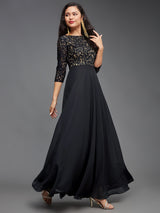 Women's Black Self Design Boat Neck Side Pocketed Georgette Fit and Flare Maxi Dress