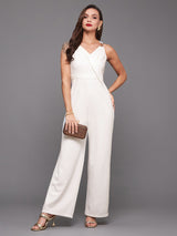 Women's White Sleeveless Solid Wrap Regular Jumpsuit