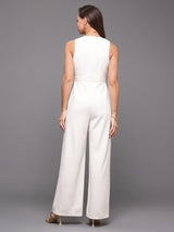 Women's White Sleeveless Solid Wrap Regular Jumpsuit