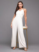 Women's White Sleeveless Solid Wrap Regular Jumpsuit