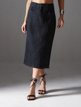 Women's Black Straight Fit High Rise Denim Midi Skirt