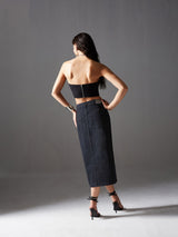 Women's Black Straight Fit High Rise Denim Midi Skirt