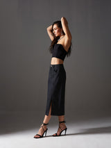 Women's Black Straight Fit High Rise Denim Midi Skirt