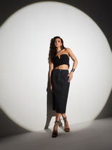 Women's Black Straight Fit High Rise Denim Midi Skirt