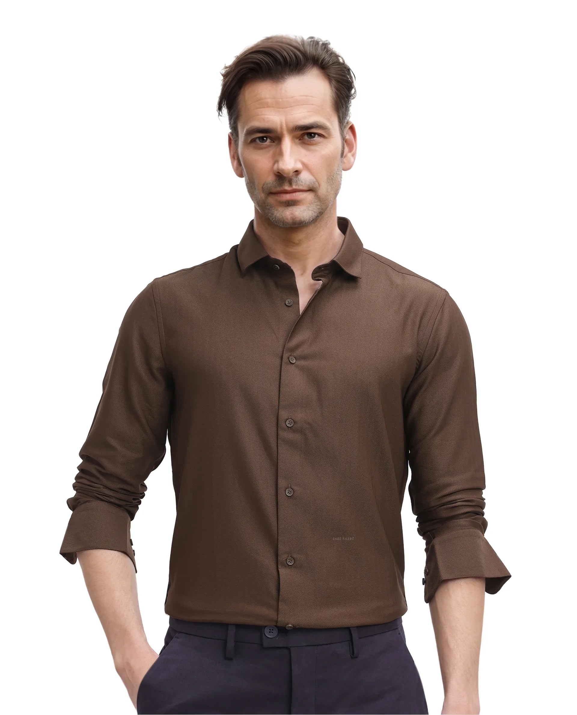 Men's Brown Casual Regular Fit Solid Full Sleeves Shirt