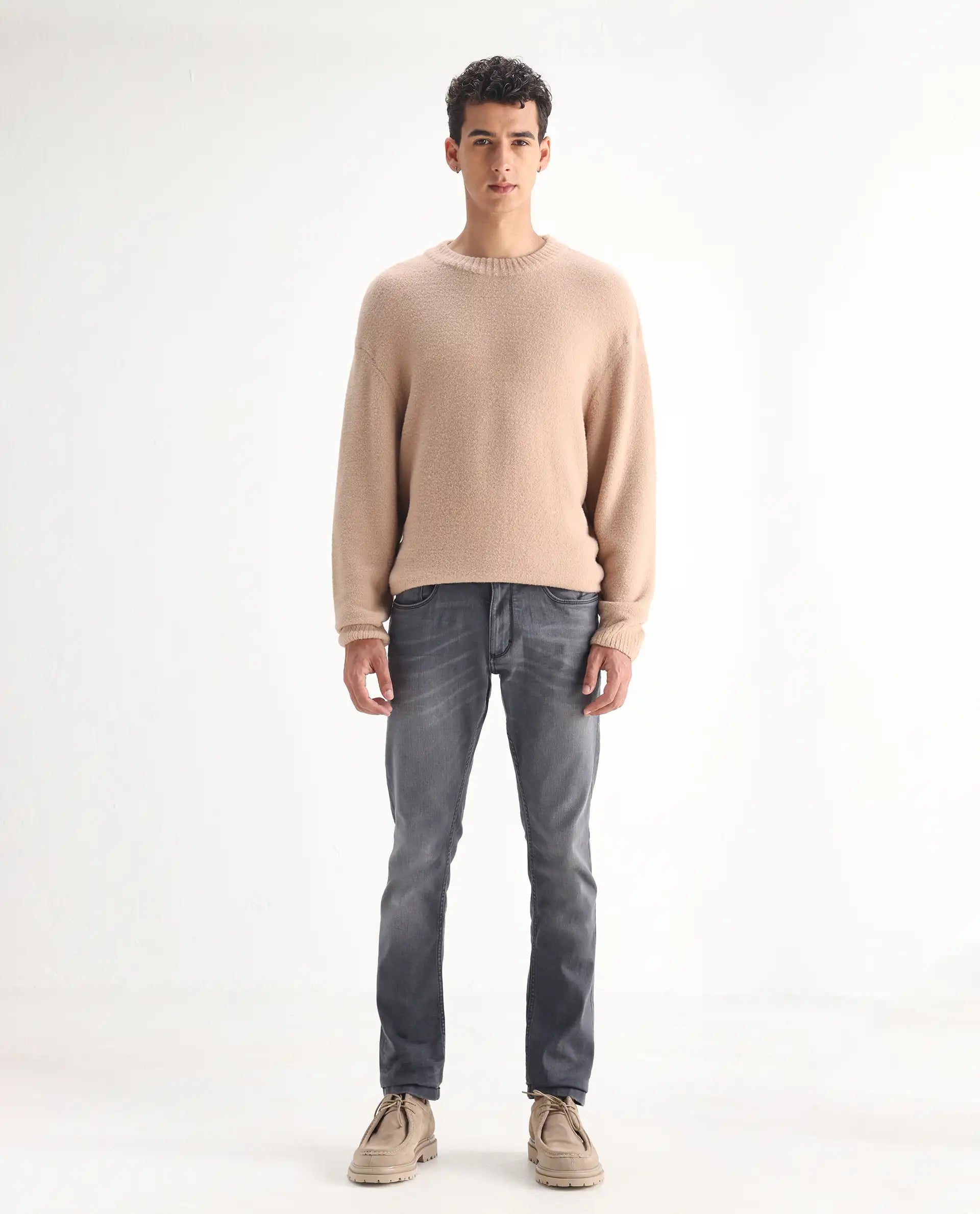 Men's Grey Casual Slim Fit Solid Jeans