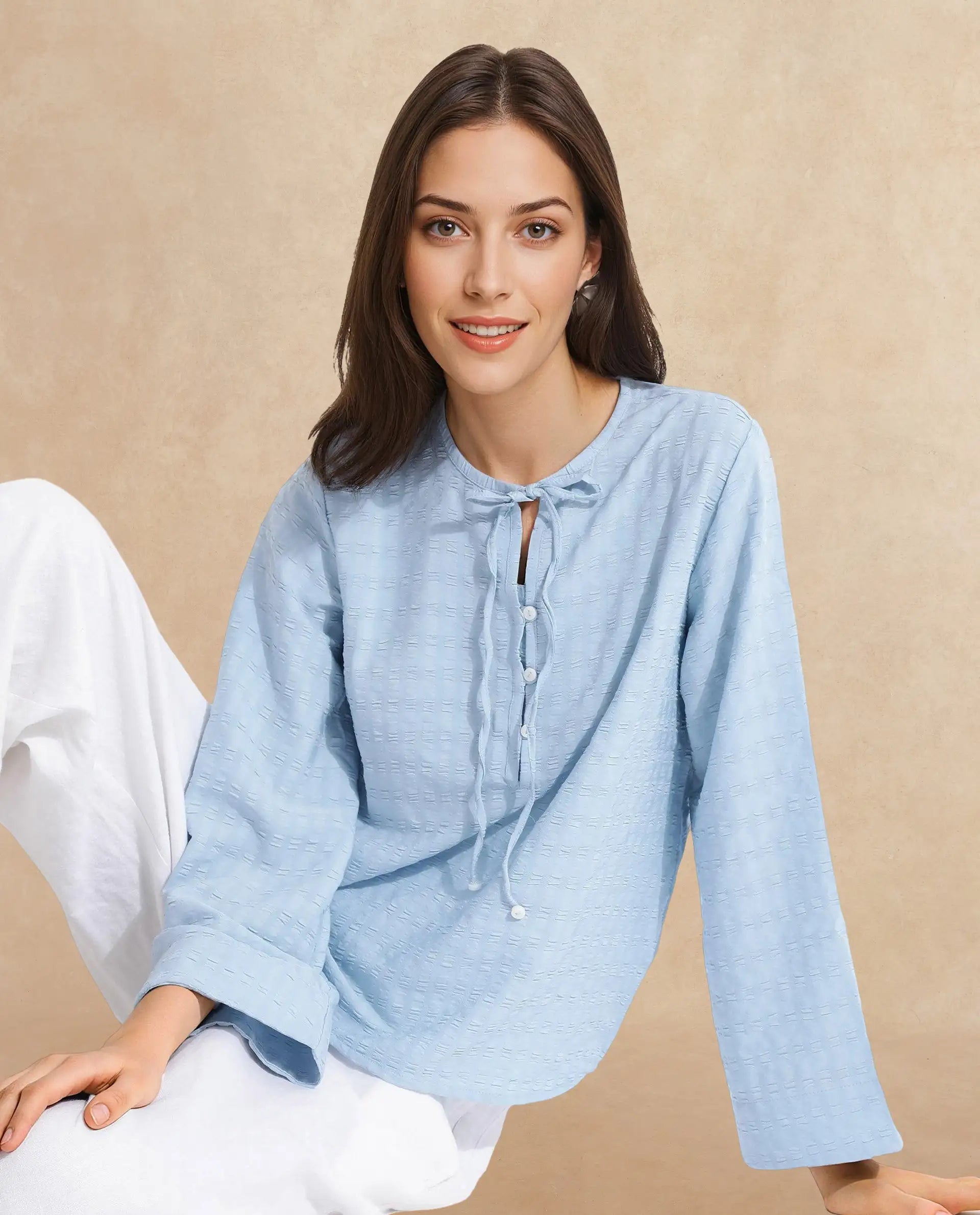 Women's Blue Casual Full Sleeves Top