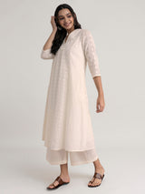 Women's White Daily Three Quarter Sleeve Regular Sleeve Kurta Set
