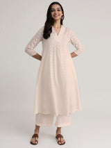 Women's White Daily Three Quarter Sleeve Regular Sleeve Kurta Set