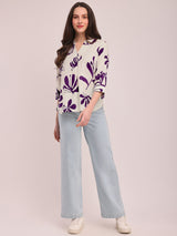 Women's Purple Casual Printed Three Quarter Sleeves Regular Top