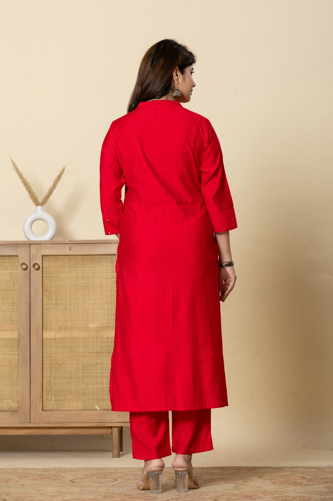 Women's Red Fusion Regular Fit Embroidered Three Quarter Sleeves Kurtas Sets