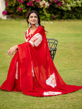 Women's Cotton Red Printed Designer Saree with Blouse Piece