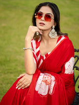 Women's Cotton Red Printed Designer Saree with Blouse Piece