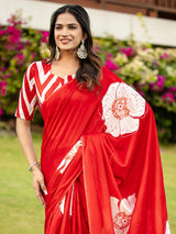 Women's Cotton Red Printed Designer Saree with Blouse Piece