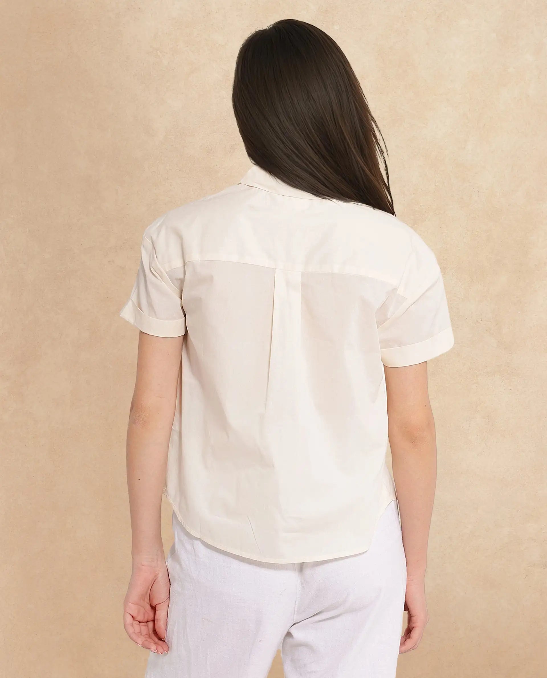 Women's Mium Beige Short Sleeve Collared Collar Button Plain Shirt