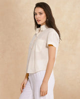 Women's Mium Beige Short Sleeve Collared Collar Button Plain Shirt