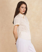 Women's Mium Beige Short Sleeve Collared Collar Button Plain Shirt