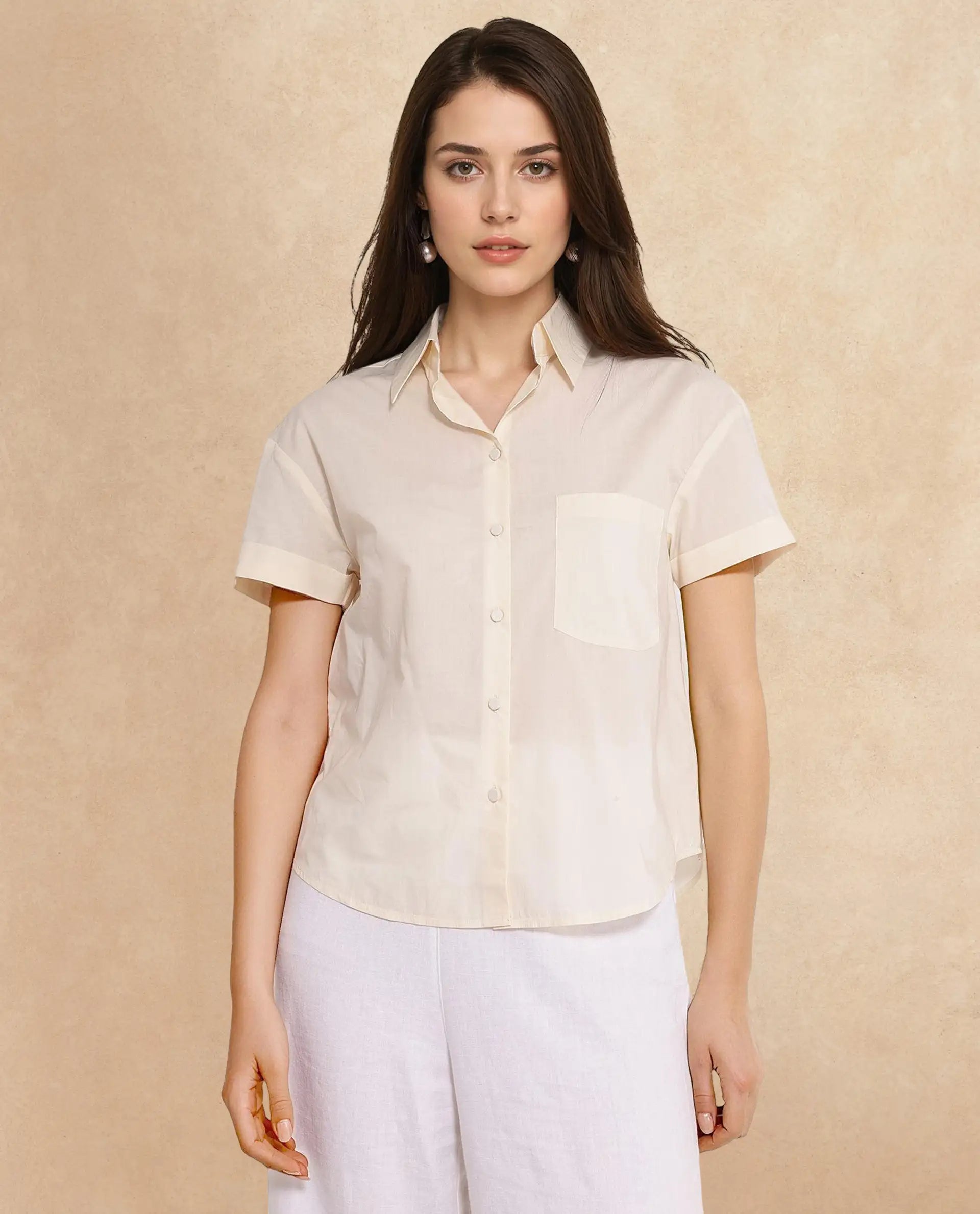 Women's Mium Beige Short Sleeve Collared Collar Button Plain Shirt