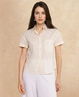 Women's Mium Beige Short Sleeve Collared Collar Button Plain Shirt