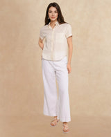 Women's Mium Beige Short Sleeve Collared Collar Button Plain Shirt