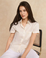 Women's Mium Beige Short Sleeve Collared Collar Button Plain Shirt