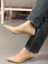 Women's Beige Solid Pointed Toe Kitten Heel Pumps