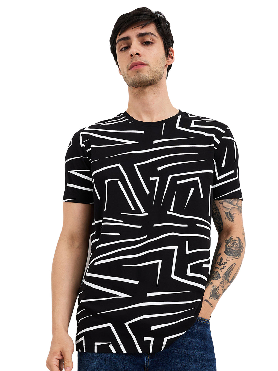 Men's Black Casual Slim Fit Printed Tshirt