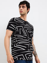 Men's Black Casual Slim Fit Printed Tshirt