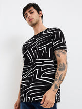 Men's Black Casual Slim Fit Printed Tshirt