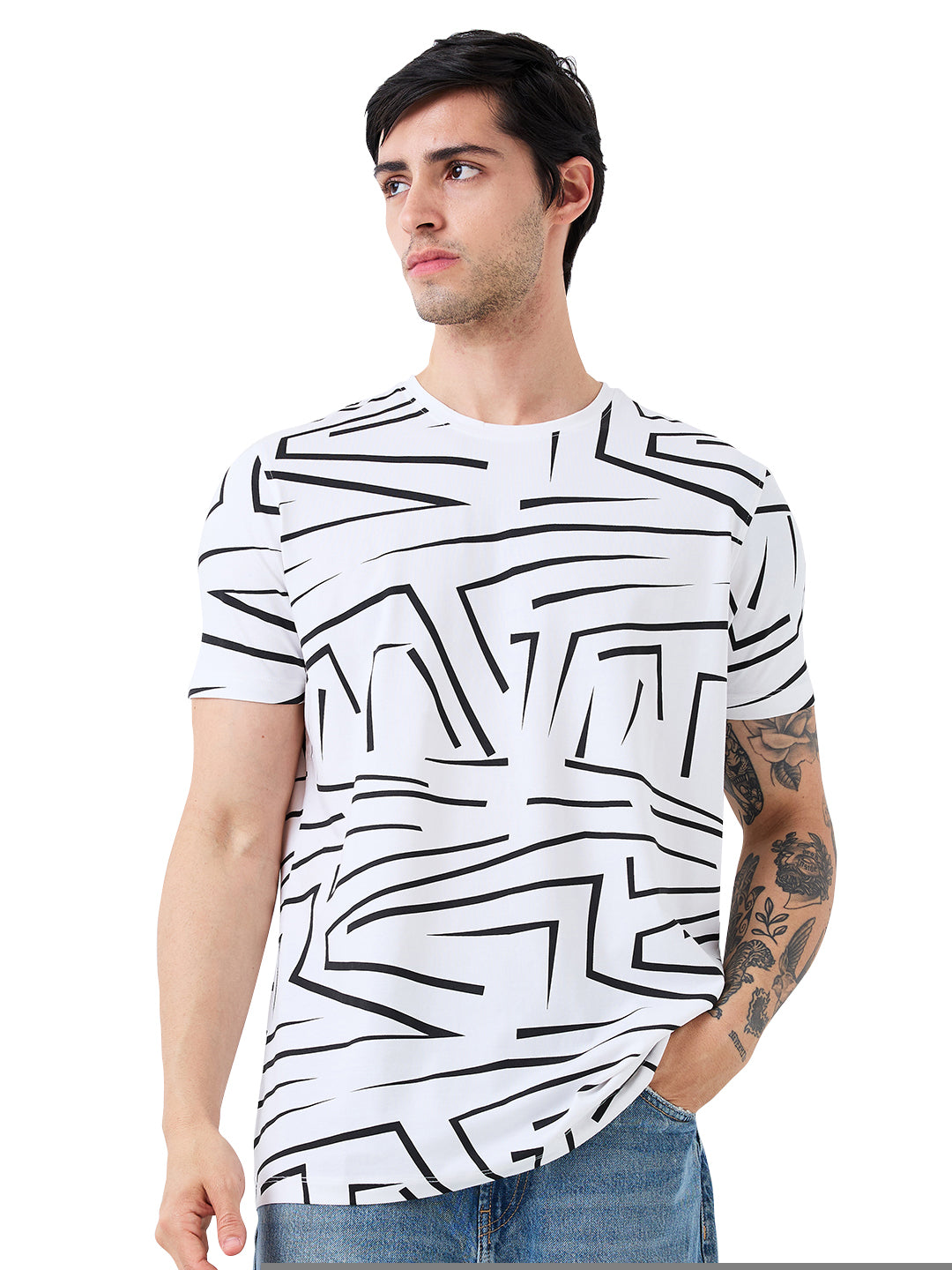 Men's White Casual Slim Fit Printed Tshirt