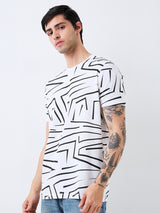 Men's White Casual Slim Fit Printed Tshirt