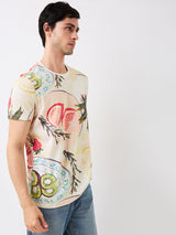 Men's White Casual Slim Fit Printed Tshirt