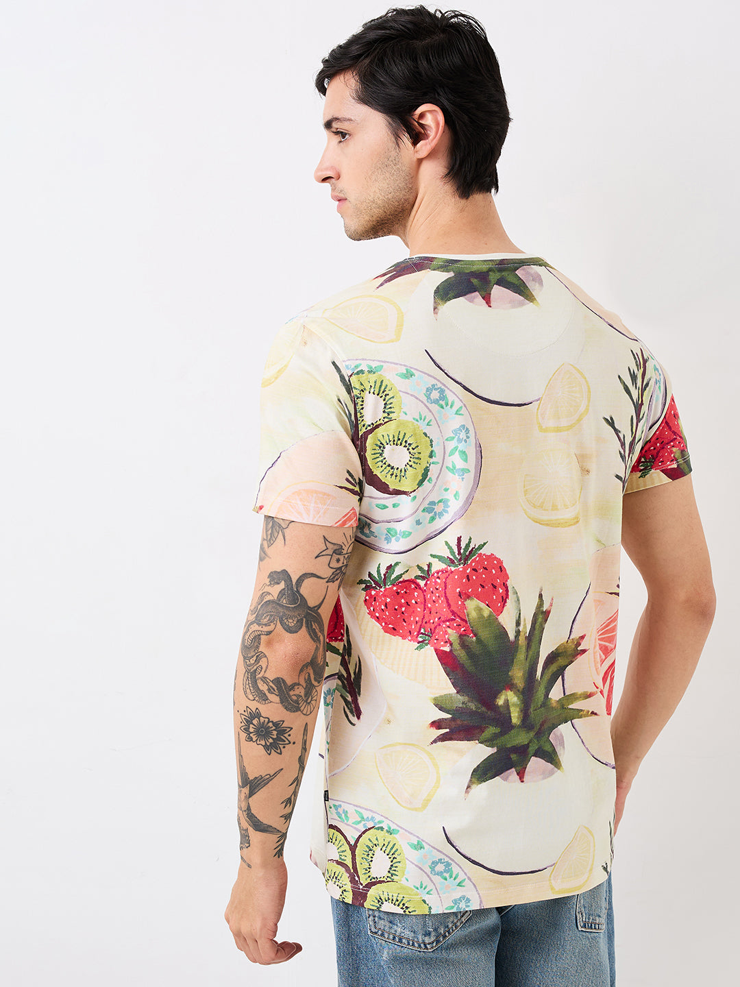 Men's White Casual Slim Fit Printed Tshirt