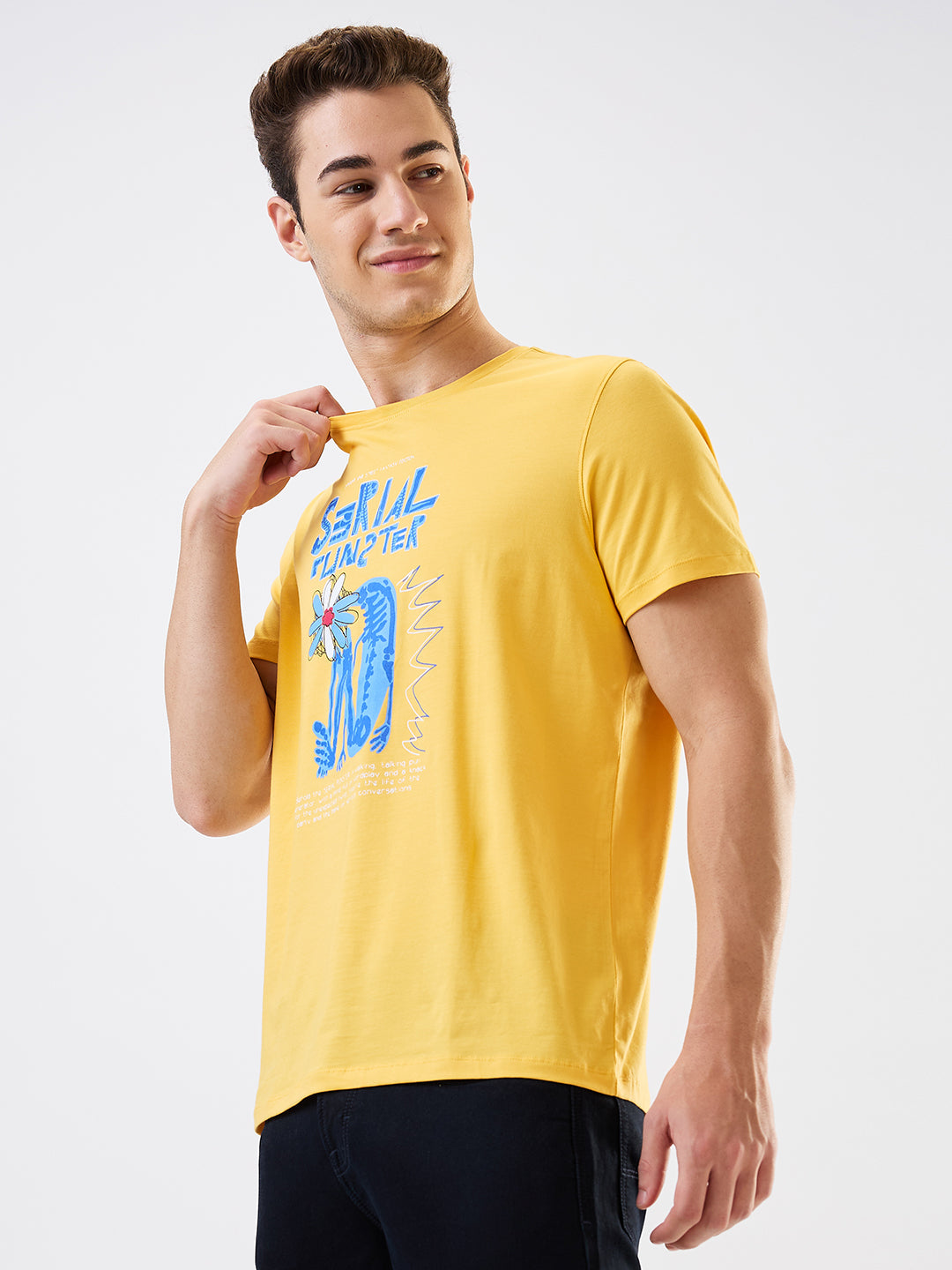 Men's Yellow Casual Slim Fit Printed Tshirt